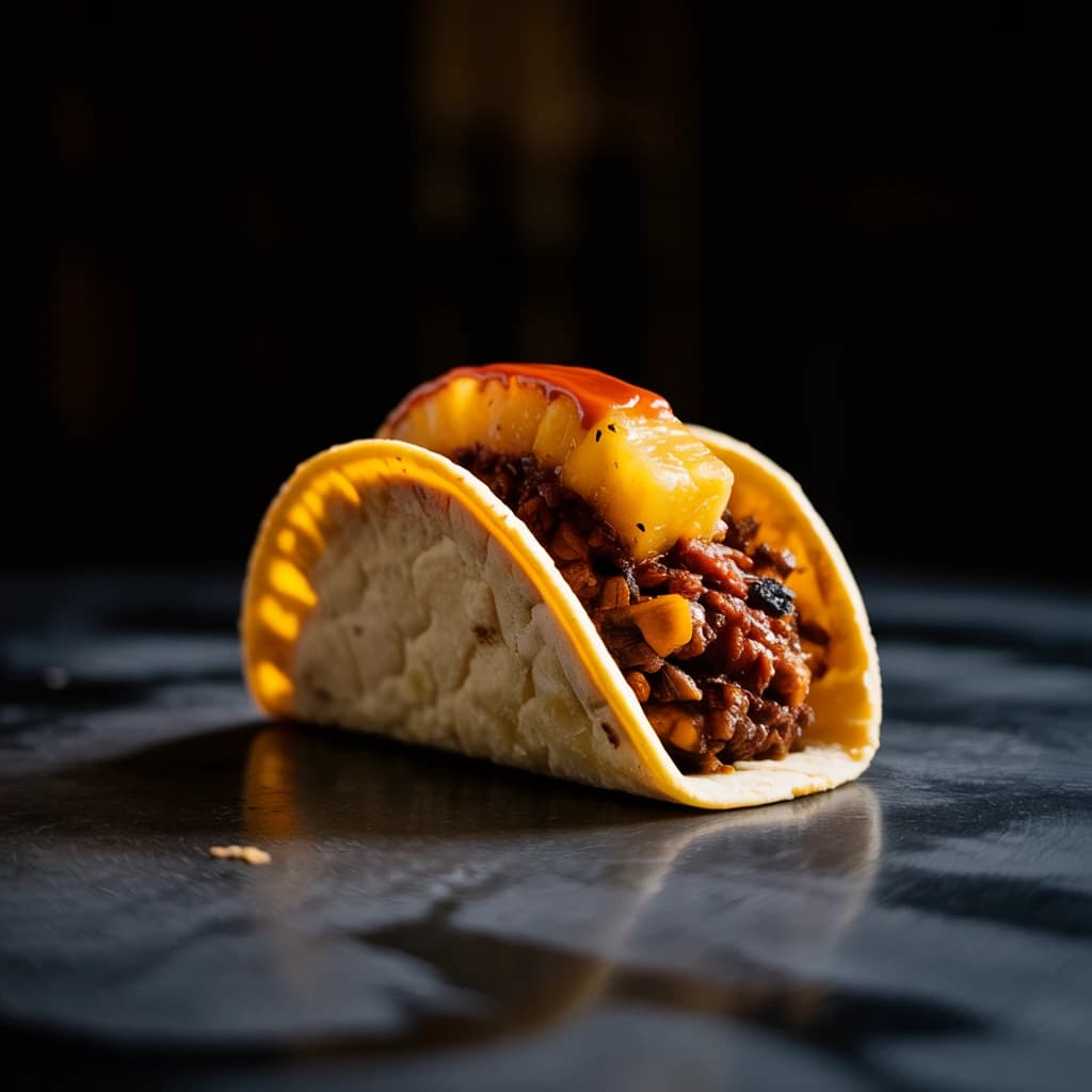 A stylised taco filled with browned meat and pieces of pineapple