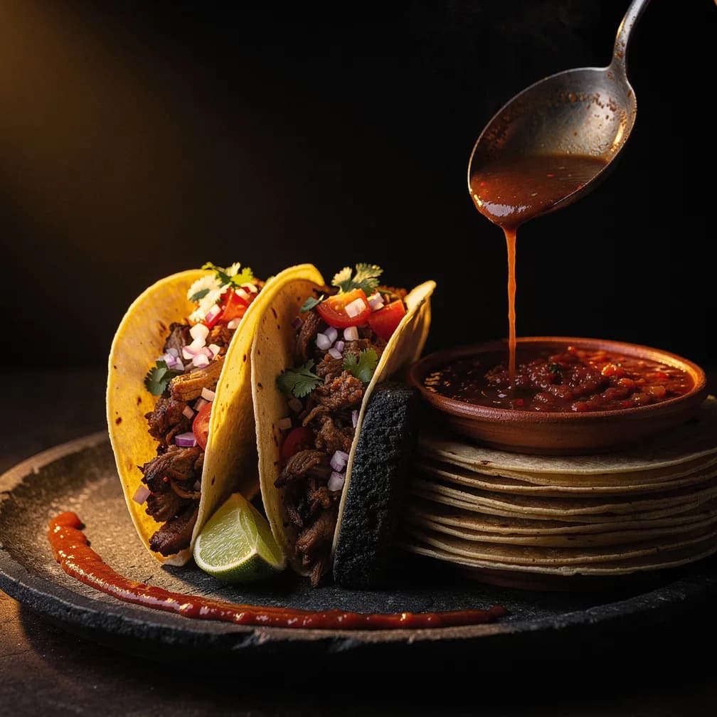 Two filled tacos beside stacked tortillas and a bowl of red salsa